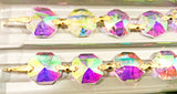 Asfour Crystal Clear AB Octagon Prisms Garland Chain 1080-14 MM With Gold Bow Tie - 22 Yards