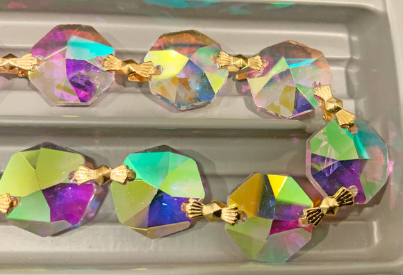 Asfour Crystal Octagon Prisms AB Garland Chain 1080-14 MM With Gold Bowtie 1-Yard (3 ft.)